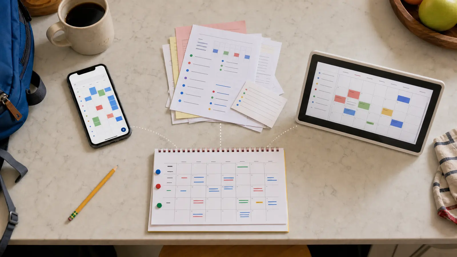 A phone calendar, paper schedule, wall calendar, and digital display branching from one pile of family notices