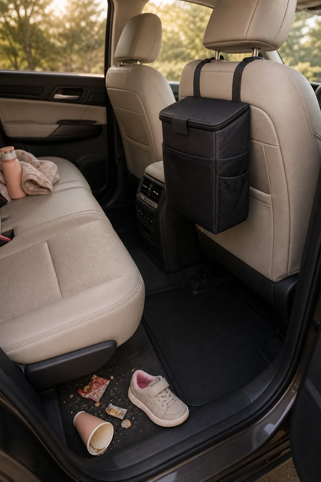 A structured black hanging trash bin secured behind the front passenger seat of a family SUV, with a few snack wrappers and a child's shoe on the floor before cleanup