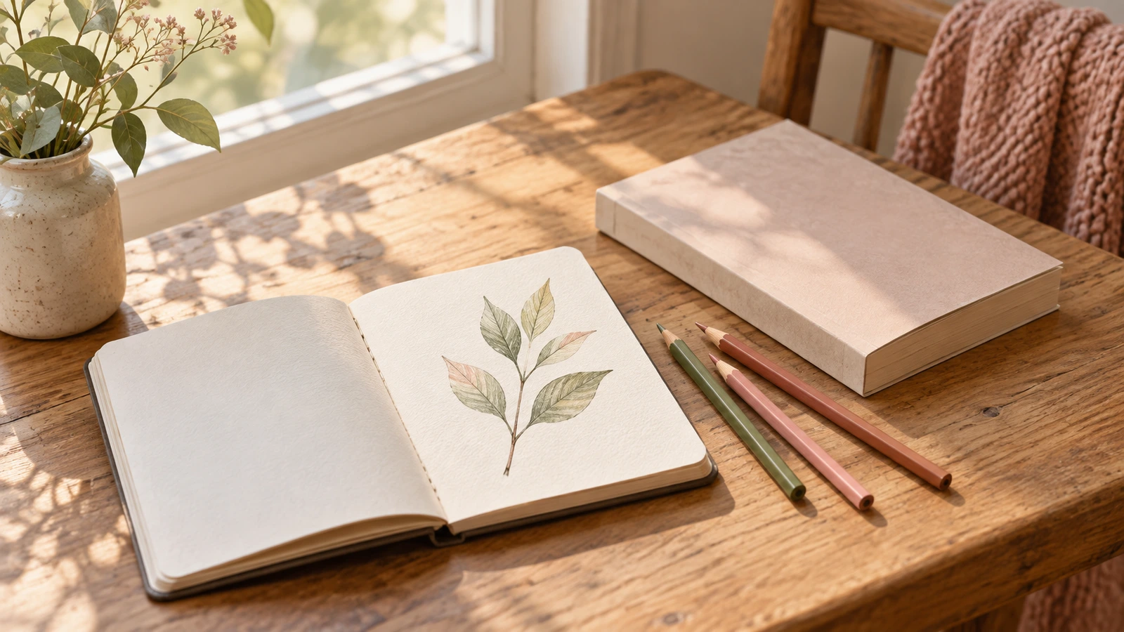AI-generated editorial illustration of a leaf sketch in an open sketchbook beside a plain book and three colored pencils