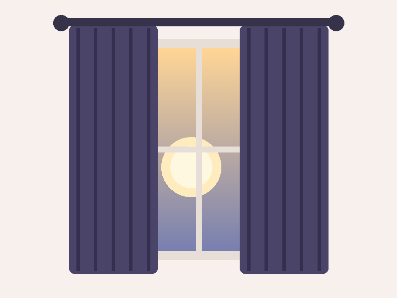 Illustration of a child's bedroom window with blackout curtain panels drawn across a still-bright evening sky